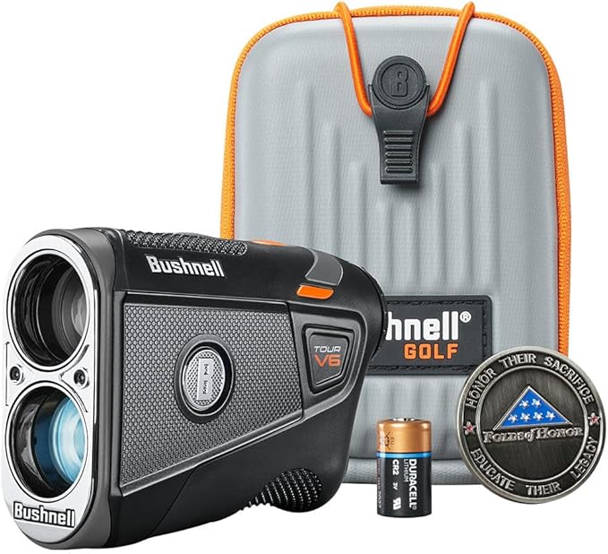 Bushnell Golf Tour V6 Laser Rangefinder Patriot Pack – Visual JOLT, Magnetic Mount, 1300-Yard Range, 6X Magnification, IPX6 Weatherproof, Premium Carry Case