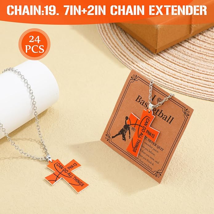 Tondiamo 24 Set Basketball Volleyball Cross Necklace with Card Sport Party Favors Charms Team Gift Bulk Religious Cross Necklace Christian Coach Gifts Jewelry for Sport Player Fans Men
