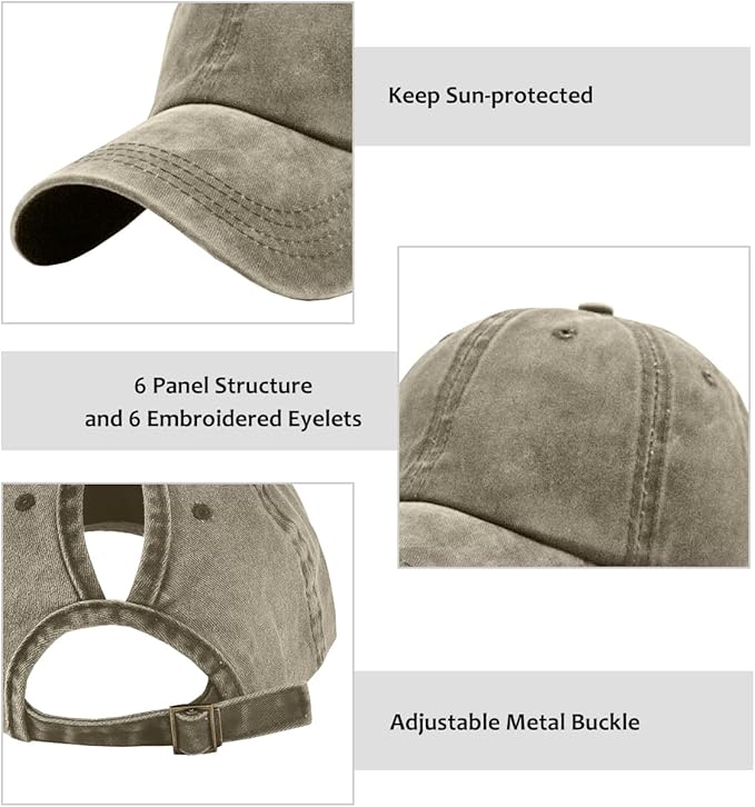 Womens Vintage Washed Distressed Baseball-Cap with Ponytail Hole Sport Golf Hat