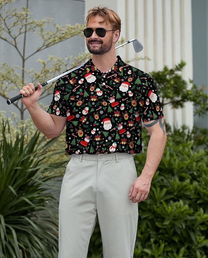 HUURAY Funny Golf Polos for Men Funny Print Short Sleeve Shirts Quick Dry Polo Shirts Hawaiian Shirt Performance Golf Outfits