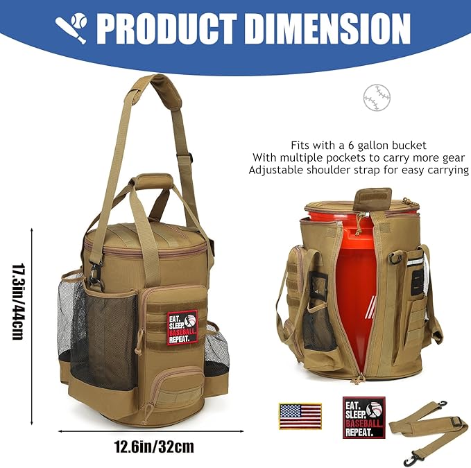 Baseball Bucket Bag 6 Gallon Bucket Cover Organizer w/Padded Seat tactical Softball Coaches Bag for Balls, Bat, Gloves, Scoreboards