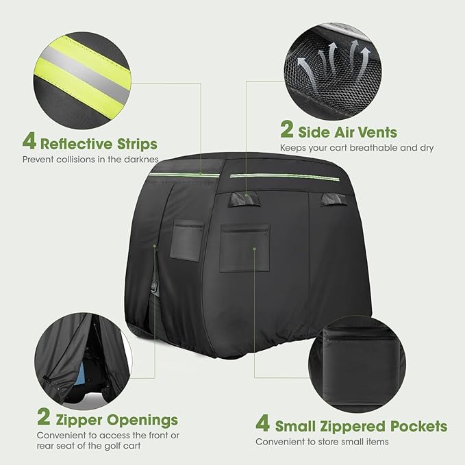 Golf Cart Cover 2/4/4+2 Passenger Heavy Duty Universal Fit for Yamaha EZGO Club Car, 600D Waterproof Windproof Sunproof Golf Cart Seat Covers with Reflective Strips, Zippered Pockets, Zipper Doors