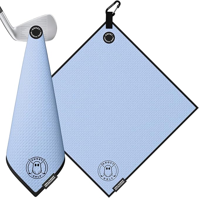 Ghost Golf Magnetic Towel (Greenside) - Premium Ultra-Absorbent Microfiber Golf Towel with Magnet for Golf Carts or Clubs - 18" x 18" Golfing Gear - Waffle Weave Pattern (Carolina Blue)