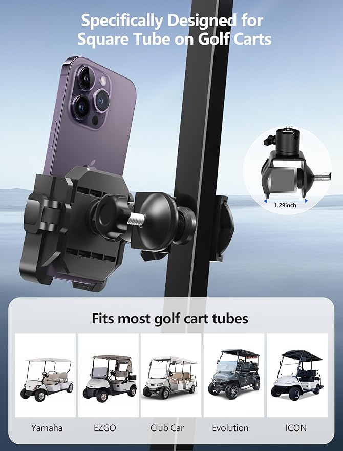 TOPGO Golf Cart Phone Holder for Yamaha/EZGO/Club Car, Golf Cart Accessories Gift for Men, Secure Phone Mount with Square Clip & Dual Swivel, Fits iPhone/Samsung/Pixel up to 7 Inch - Black