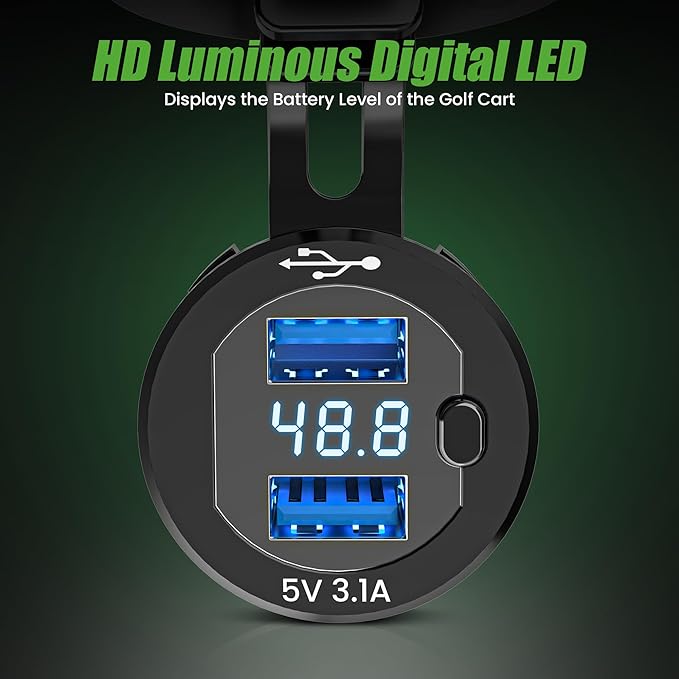 USB Ports 2 in 1 Dual Outputs & LED Display Voltage Meter Universal for Club Car, EZGO & Yamaha, Quick Charge 3.1A,Metal Shell Safe Charging Socket 9V-48V Voltage Input