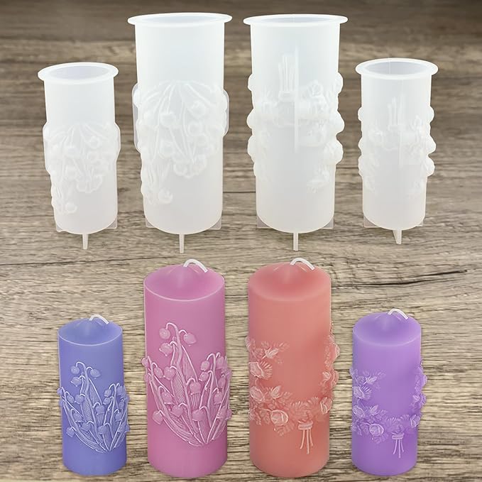 Flower Pillar Candle Molds 4pcs Rose Lily of The Valley Cylinder Silicone Molds by PRETTYLIFE