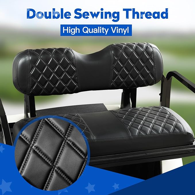 NOKINS Golf Cart Diamond Vinyl Seat Covers, Fit Club Car Precedent/DS/EZGO RXV/TXT/Yamaha Drive Aftermarket Standard Rear Seat Cushion, No Stapler, Multiple Colors and Breathable(Black&Black Stitch)