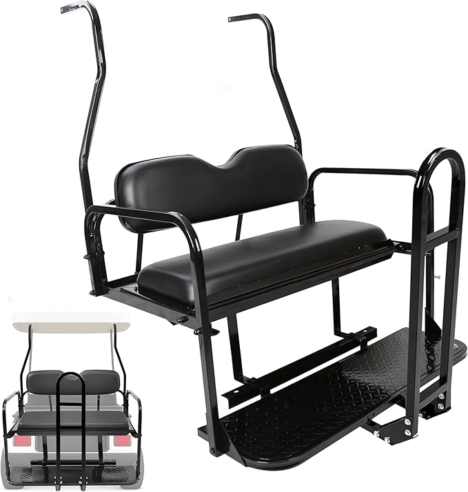 ECOTRIC Rear Golf Cart Folding Seat w/Grab Bar Compatible with 2000.5-Up Club Car DS 400 lbs Back Flip Seat Black