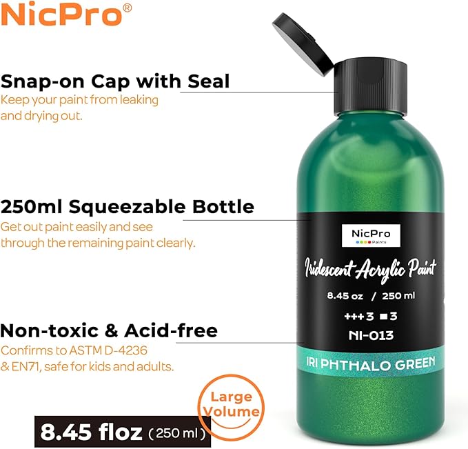 Nicpro Iridescent Green Acrylic Paint, 8.45oz / 250ml Large Bottle Green - Image 2