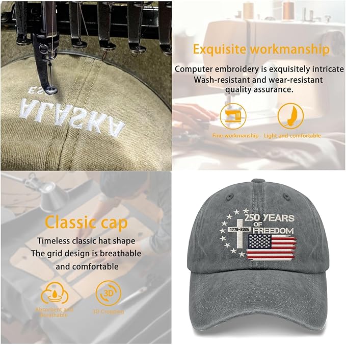 US 250th Anniversary Hat, Patriotic Embroidered Cap, 1776-2026 Freedom Celebration, 250 Years American History Gift Patriots