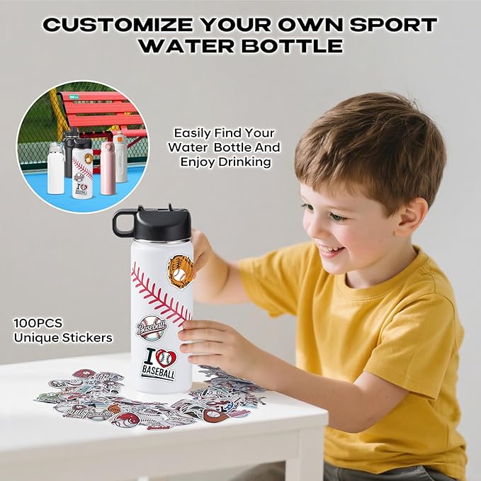 Baseball Water Bottles for Boys 18 oz and 100 PCS Baseball Stickers Sports Insulated Stainless Steel Water Bottle Baseballs Accessories Stuff Gear Gifts For 8-12 12-14 Player