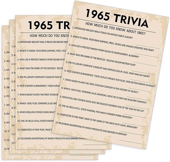 QUPT 60th Birthday Party Games, 1965 Trivia Games, Birthday Party Supplies by QUPT