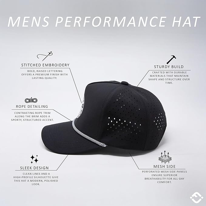 Funky Junque Performance Waterproof Golf Rope Hat – Cool Breathable Workout 5 Panel Snapback Cap for Men