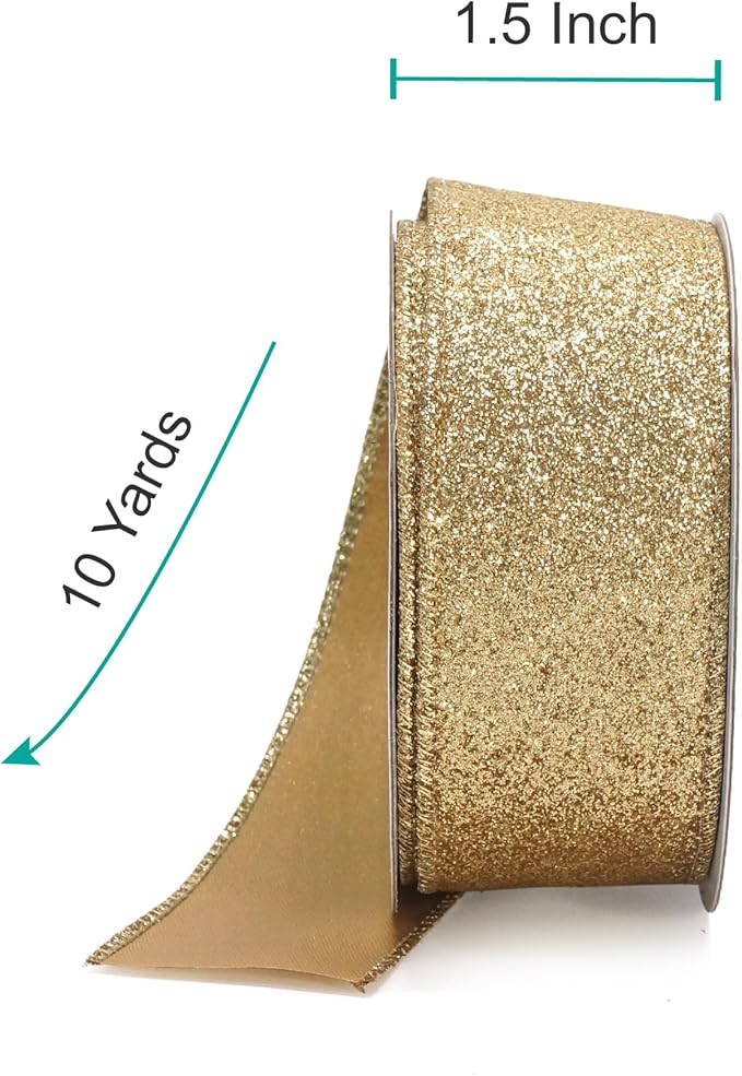 CT CRAFT LLC Glitter Wired Ribbon 1.5" x 10 Yards Light Gold - Image 2