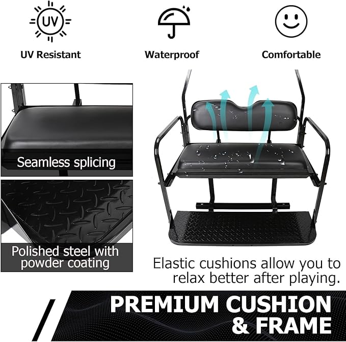 ECOTRIC Rear Golf Cart Folding Seat w/Grab Bar Compatible with 2000.5-Up Club Car DS 400 lbs Back Flip Seat Black
