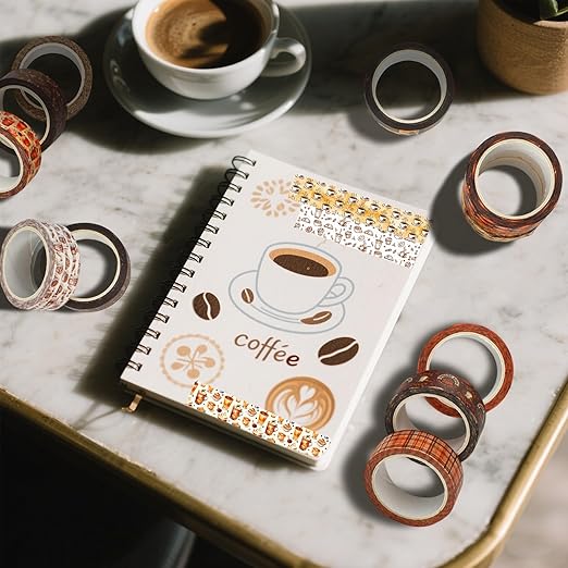 12 Rolls Coffee Washi Tape Set, Vintage Coffee Decorative Tapes, Retro Brown - Image 3