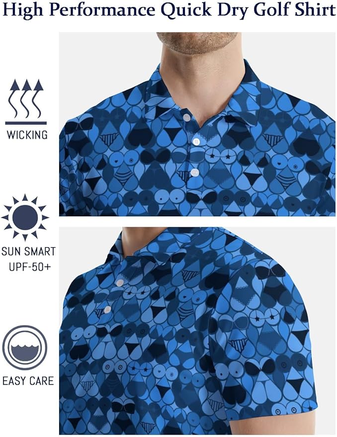 HUURAY Funny Golf Polos for Men Funny Print Short Sleeve Shirts Quick Dry Polo Shirts Hawaiian Shirt Performance Golf Outfits