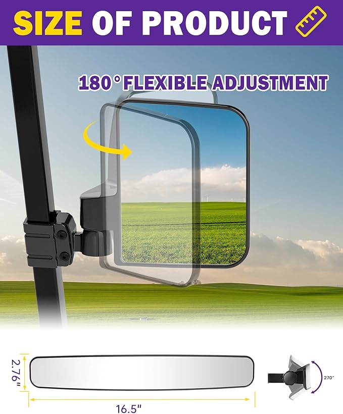 HOWBOW Golf Cart Mirrors Kit, Adjustable 180 Degree Rotation and Foldable-HD Shatterproof Glass Mirrors for EZGO Club Car Yamaha, No-Drilling Golf Cart Side Mirror and Rear View Mirror Kit
