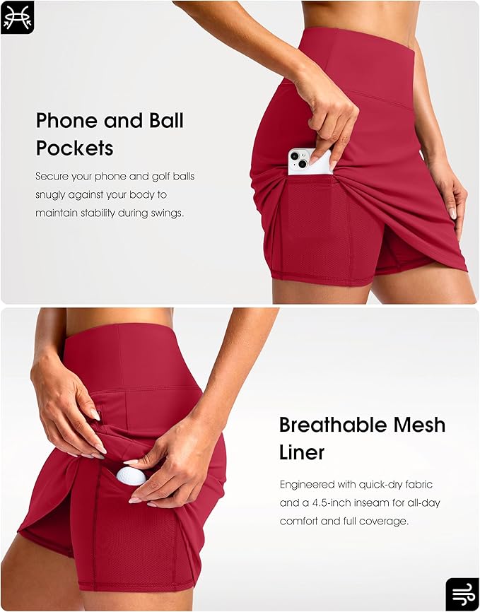 G Gradual 18" Golf Skirts for Women Zipper Pockets Mid Length Skort with Shorts Underneath High Waist Tennis Pickleball