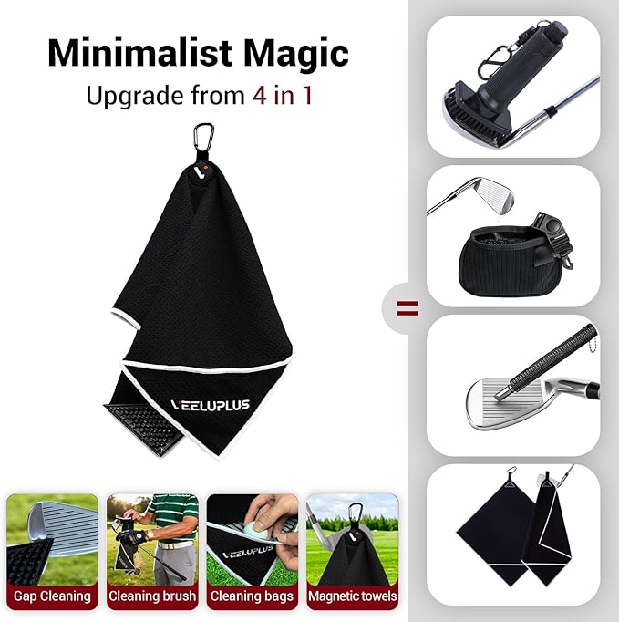 4-in-1 Magnetic Golf Towel with Brush & Cleaning Pocket - Premium Construction Golf Towel- Super Strong Golf Club Cleaner- Microfiber Waffle Design-15.7" X 23.6" Golf Accessories and Gifts for Men