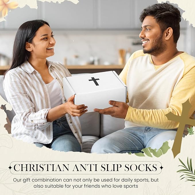 TrelaCo 4 Pack Christian Sports Gift Set with Athletic Tape Sport Socks Cross Necklace Gift Boxes Religious Soccer Socks