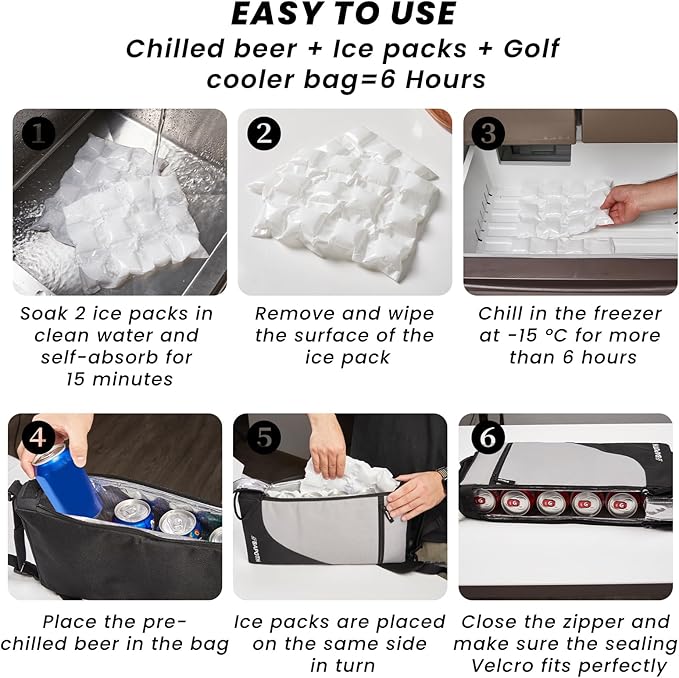 Golf Cooler Bag with 4 Ice Pack for 6 Hours, Large Capacity Golf Cooler Bag Hold 9-Can 12oz, 6-Can 16oz, 2 Bottle 750ml, Detachable Shoulder Strap for GolfCourse & Outdoor Parties