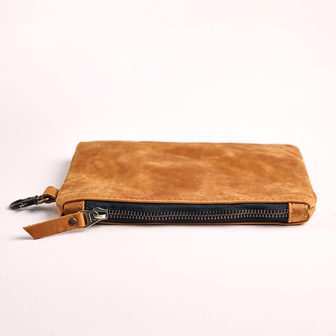 Leather Golf Ball Pouch – Genuine Leather Golf Zipper Pouch for Tees & Valuables, Golf Bag Accessory with Metal Clip 7.8" x 6", Compact Golf Organizer for Men & Women, Warm Brown