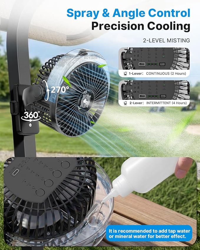 BOYISEN Magnetic Golf Cart Misting Fan Rechargeable, 12000mAh Battery Operated USB Portable Fan with 4 Speeds, Spray, LED, Timers, Ideal for Club Car, Golf Cart & Cruise Ship Travel Accessories 2-Pack