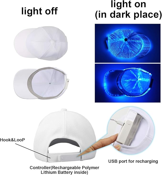Ruconla Fiber optic cap LED hat with 7 colors luminous glowing EDC baseball hats USB Charging light up caps even party led crazy cap for event holiday