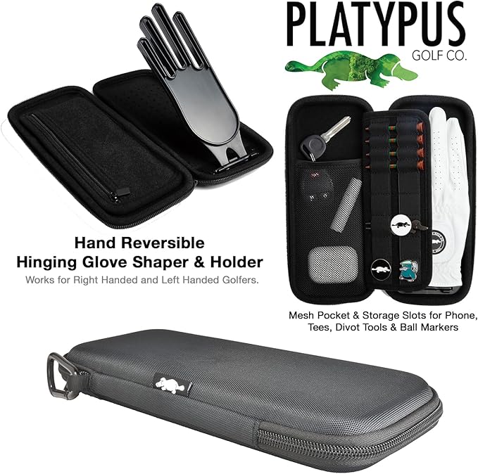 Platypus Golf Co. Golfing Caddie Hard Travel Case Organizer - Hinging Glove Shaper & Holder - Mesh Pocket & Storage Slots for Phone, Tees, Divot Tools & Ball Markers - Golfers Cases for Men & Women