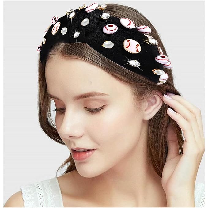 Baseball Headband for Women Baseball Accessories Beaded Crystal Pearl Knotted Headbands Baseball Charm Embellished Headbands Wide Top Knot Sports Game Day Headband Gifts (Black)