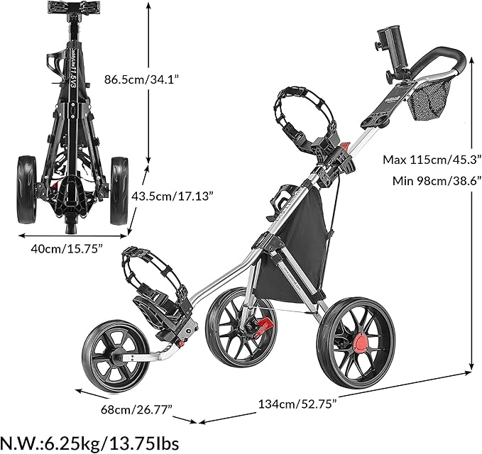 Caddytek CaddyLite 11.5 V3 Golf Push Cart - Lightweight Aluminum 3-Wheel Foldable Golf Bag Cart with Quad-Fold Frame, EVA Wheels, Adjustable Handle, Foot Brake, Mesh Net, Umbrella & Drink Holder