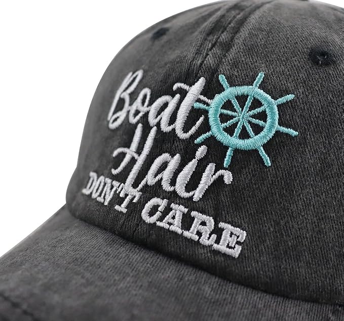 Boat Hair Don't Care Hats for Men Women, Adjustable Embroidered Cotton Washed Distressed Denim Fishing Baseball Cap