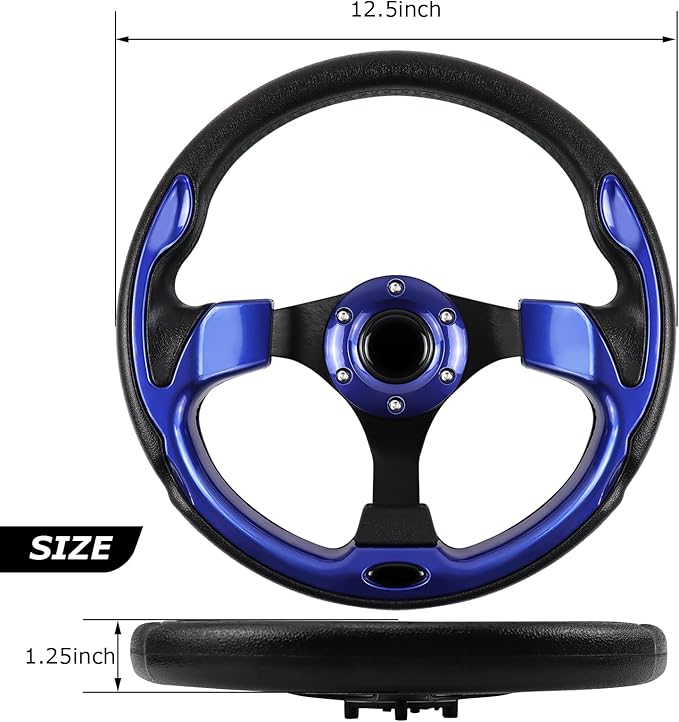 Golf Cart Steering Wheel, Universal Fit, PVC, Black and Blue, Medium Grip, For Golf Carts, Club Car, EZGO, RXV, TXT, Yamaha, Precedent, Tempo, DS
