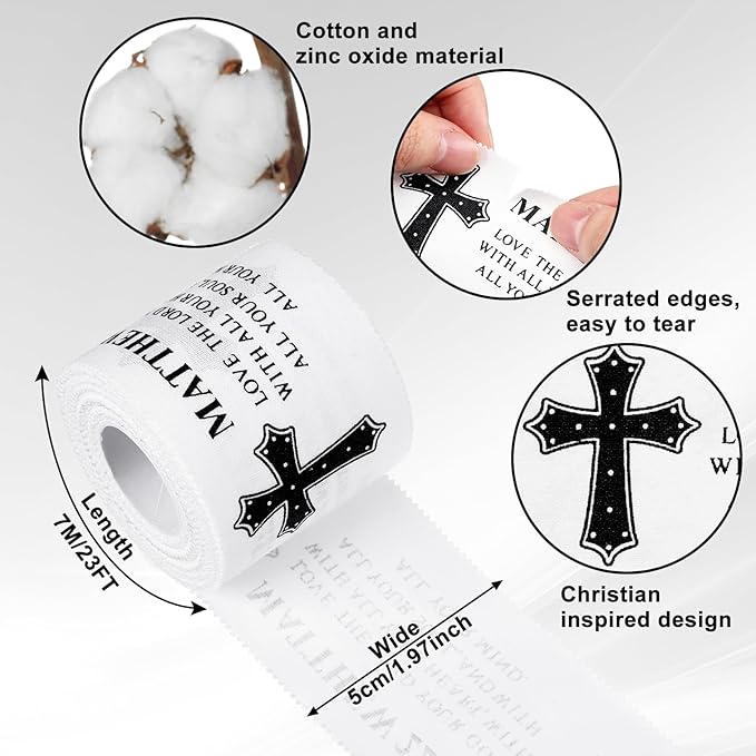 MiniInflat 2 Pcs Christian Cross Athletic Tape Sports Tape 2in x 23ft Religion Jesus Wrist Wrap for Soccer Football Baseball, Gift for Graduation Teacher Nurses Week Pentecost(White,Matthew 22:37)