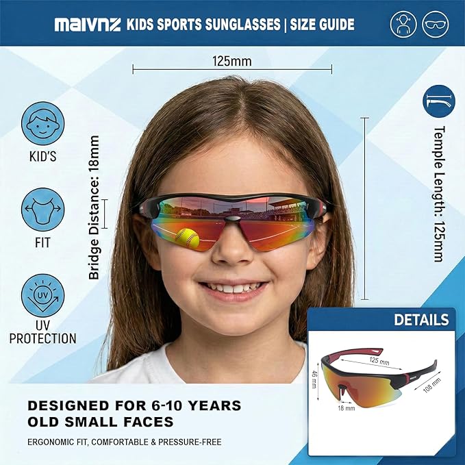 maivnz Youth Baseball Sunglasses for Boys and Girls Ages 6-12, Kids Sports Glasses for Softball Cycling, Helmet Compatible