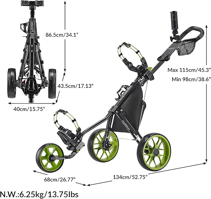 Caddytek CaddyLite 11.5 V3 Golf Push Cart - Lightweight Aluminum 3-Wheel Foldable Golf Bag Cart with Quad-Fold Frame, EVA Wheels, Adjustable Handle, Foot Brake, Mesh Net, Umbrella & Drink Holder