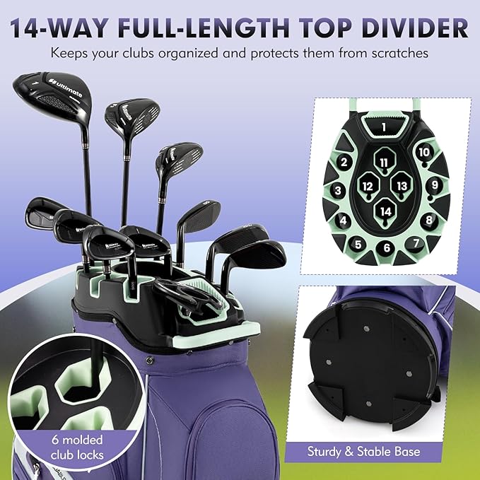 Tangkula Golf Cart Bag with 14-Way Full Length Dividers, 6 Molded Lock Top Golf Club Bag with 11 Pockets, Cooler Bag, Padded Strap, Handles, Umbrella Holder & Rain Hood