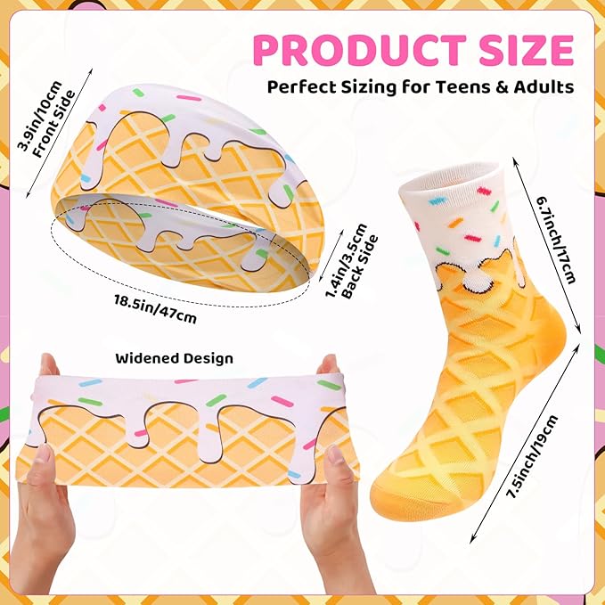 Ice Cream Baseball Headband and Ice Cream Sock Sports Elastic Sweatband Funny Sports Baseball Gifts for Youth Teen Women Men Athletes Football Basketball Running Gym Party Favors