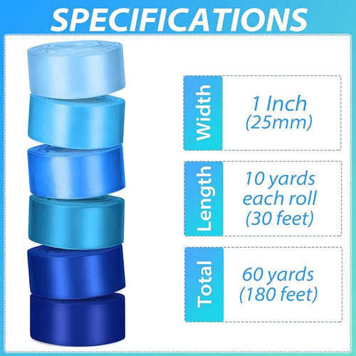 1 Inch Blue Satin Ribbons for Crafts, 6 Rolls Single-Faced Blue Assorted - Image 2