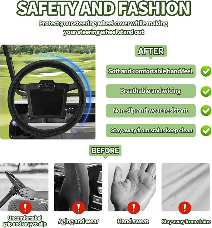 Golf Cart Steering Wheel Covers,13.5 to 14" Golf Cart Steering Wheel Cover Universal for Yamaha,EZGO TXT & RXV,Club Car DS & Precedent, Leather Comfortable, Non-Slip, Wear-Resistant (Black)