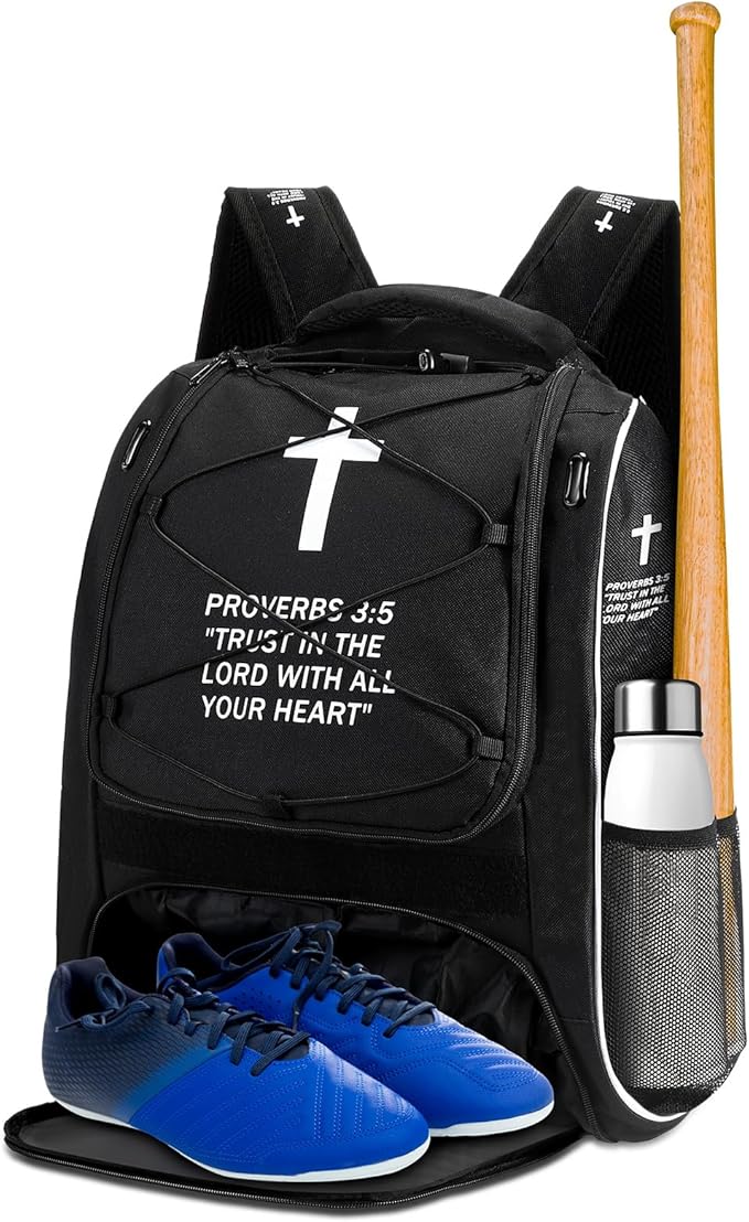 Christian Baseball Bag Cross Baseball Backpack for Youth Adult Religious T-Ball Softball Equipment Gear with Separate Shoes Compartment Fence Hook for Helmet & Accessories