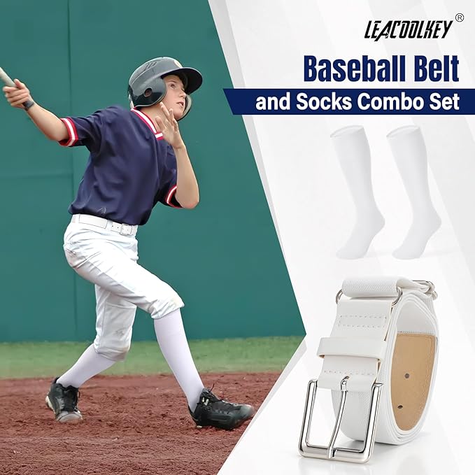 LEACOOLKEY Baseball Belt and Socks Combo Set Adjustable Softball Socks and Elastic Belt for Youth and Adult