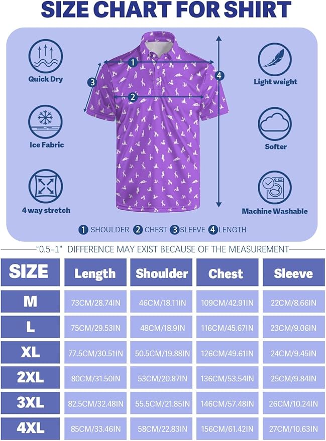 HUURAY Funny Golf Polos for Men Funny Print Short Sleeve Shirts Quick Dry Polo Shirts Hawaiian Shirt Performance Golf Outfits