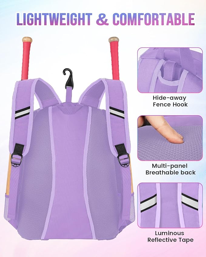 MATEIN Softball Bag, Lightweight Baseball Backpack with Shoe Compartment, Baseball Bag with Fence Hook for TBall Bat & Equipment, Softball Gifts Catchers Backpack for Women Fit Catcher’s Mitt, Helmet