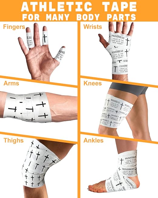 Yigney 4 Pack Christian Athletic Tapes Religious Sport Tape Bible Verse Wrist Tape Cross White Tapes for Sports Gymnastics Tennis 2IN X 23FT