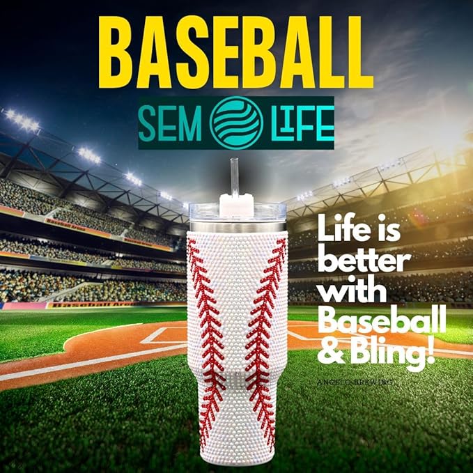 40 Oz Rhinestone Bling Tumbler Cup with Handle and Straw (BASEBALL), Stainless Steel and Double Wall Insulated