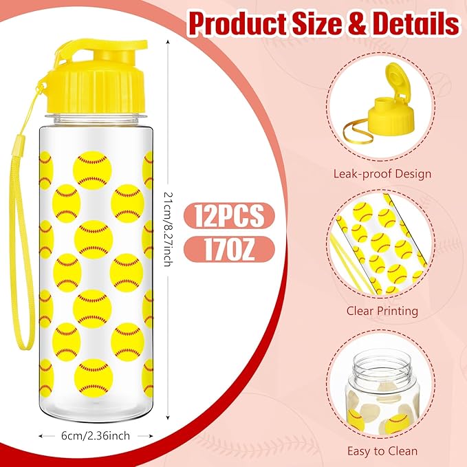 Funnymoom 12 Pcs Softball Water Bottles Bulk 17 oz Softball Sports Bottles with Leak Proof Flip Top Reusable Plastic Water Cups for Team Gift Accessories Sports Party Favors Supplies