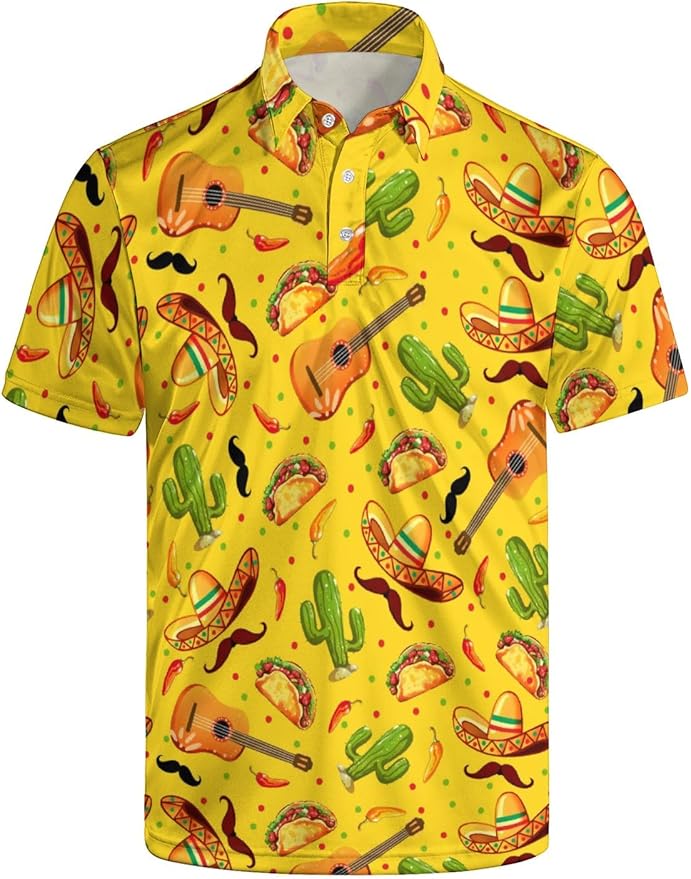 HUURAY Funny Golf Polos for Men Funny Print Short Sleeve Shirts Quick Dry Polo Shirts Hawaiian Shirt Performance Golf Outfits