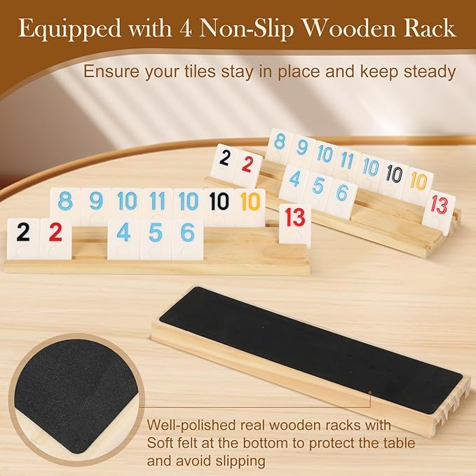 Upgraded 2-4 Players Rummy Game, 106 Melamine Tiles, 4 Wooden Racks, Premium - Image 4